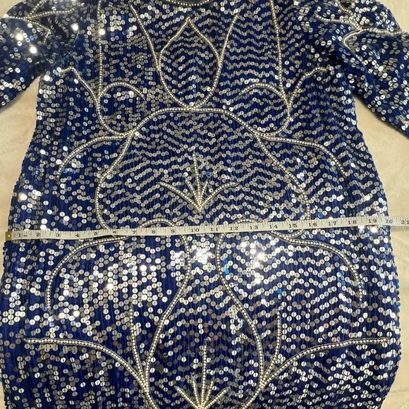 Vintage Blue Sequin Beaded Silk Dress Art Deco Midi Party Formal - Picture 11 of 16